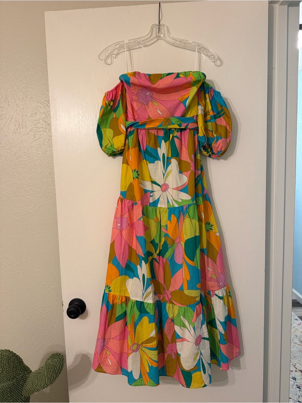 Women's Floral Puff-Sleeve Casual Dress - Pink & Green